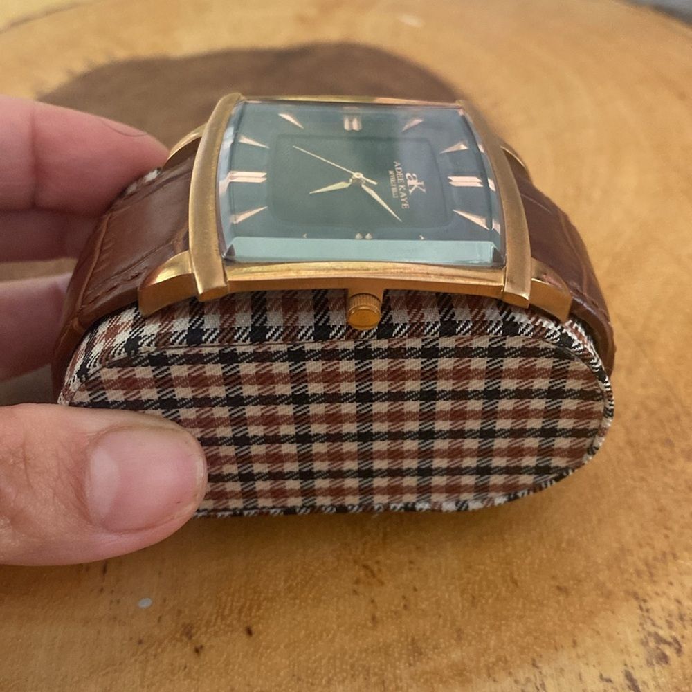 Adee Kaye AK2220-MRG Men's Gold Tone Case/Hands/Markers Black Leather Band Watch - Picture 2 of 5